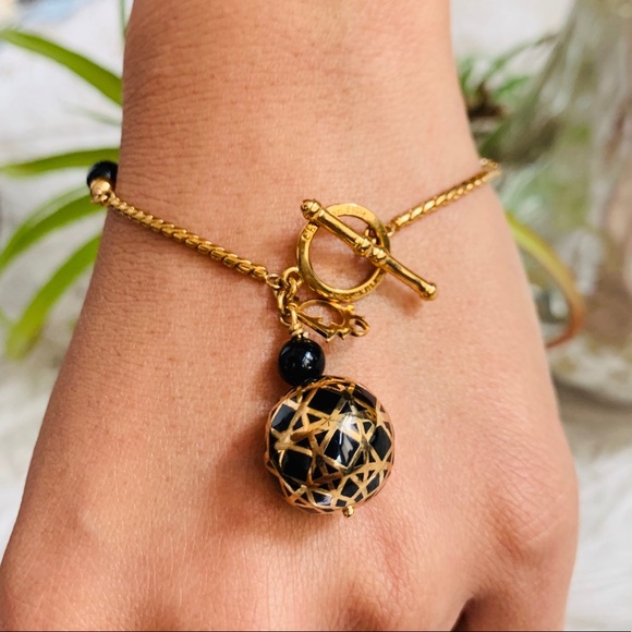 CHRISTIAN DIOR T-BAR BLACK GOLD CHARM BRACELET - Picture 1 of 4